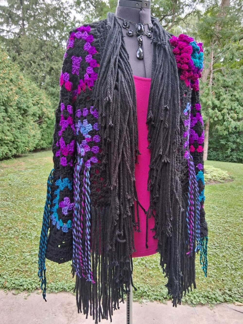 Boho Black Colorful Granny Square Super Fringe Sweater Large - Picture 12 of 13